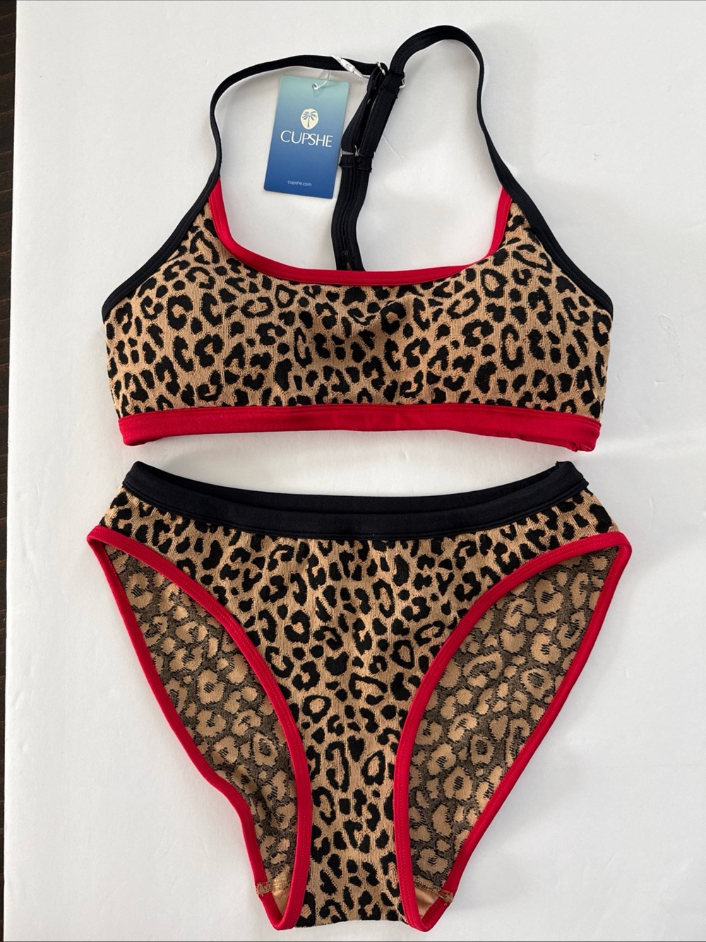 Cupshe Kids Leopard Print Bikini Set in Tan, Black & Red Trim Size Medium